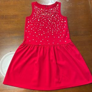 Lands End Girls Red Dress with Gold and Silver Stars and Dots Size S (7-8)